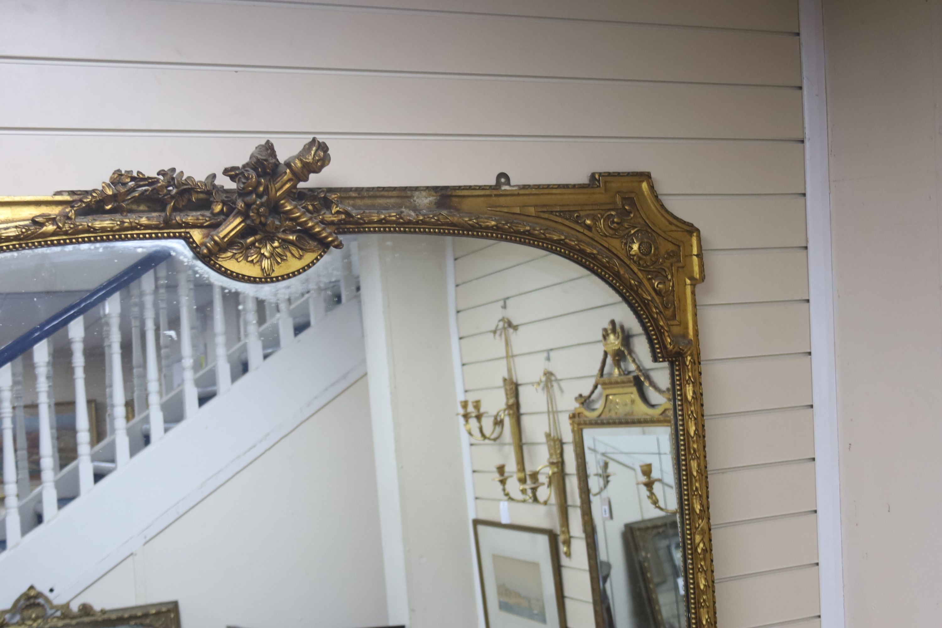 A large Victorian giltwood and gesso overmantel mirror, width 160cm, height 232cm